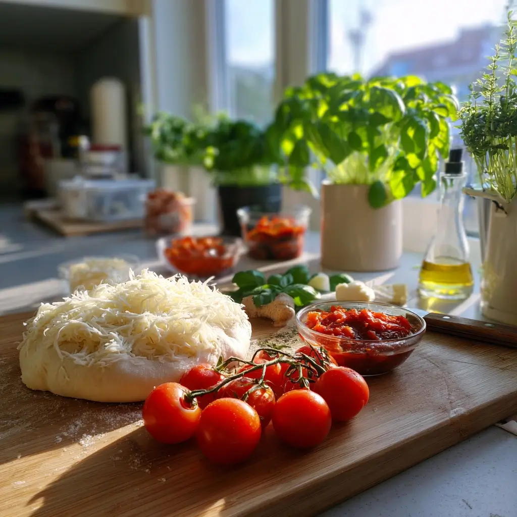 Frische pizza belag Zutaten auf Holztisch – Teig, Tomatensoße, Käse, Basilikum und Tomaten