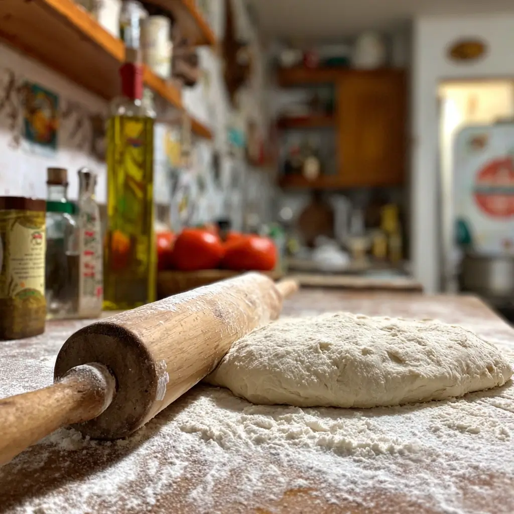 pizza capricciosa rezept Frau knetet Pizzateig auf Küchentisch mit natürlichem Sonnenlicht im Hintergrund