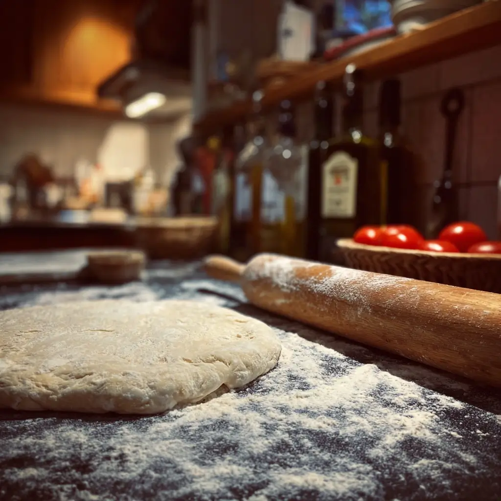 pizza teig rezept teig ausrollen auf bemehlter arbeitsfläche mit holzrolle