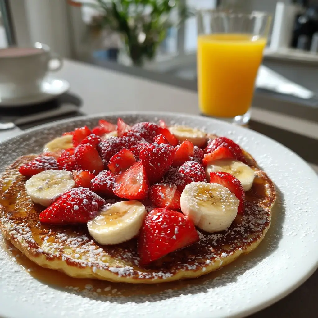 Süße Pfannkuchen Rezept mit frischen Erdbeeren und Bananenscheiben, bestäubt mit Puderzucker und serviert auf einem weißen Teller.