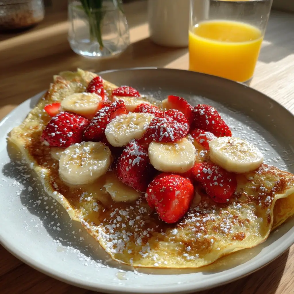 Süße Pfannkuchen Rezept mit frischen Erdbeeren, Bananen und Puderzucker auf einem weißen Teller.
