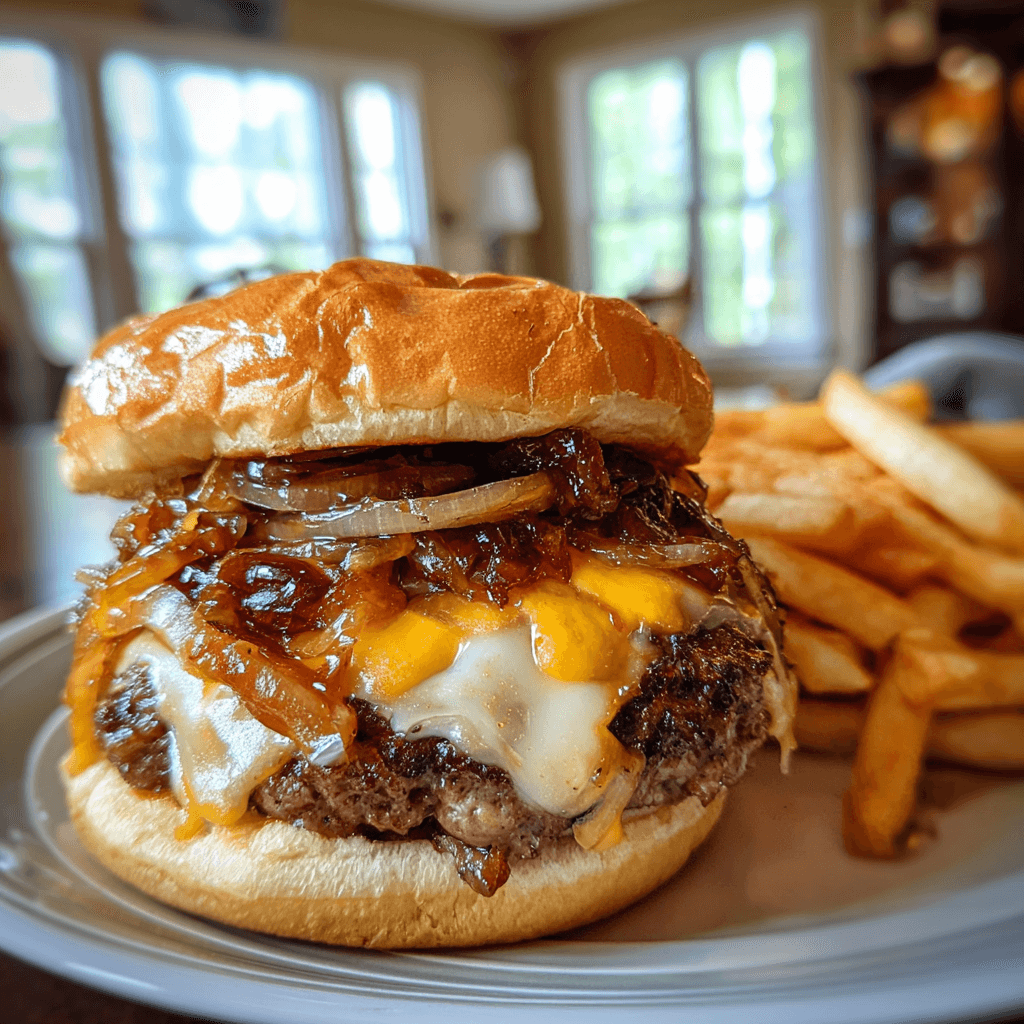 BBQ Smash Burger mit rauchiger Soße, Cheddar und Zwiebelringen.