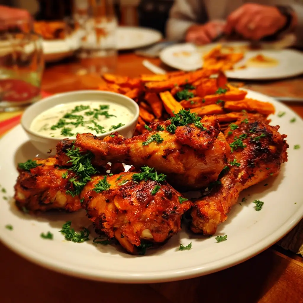 Rezepte Airfryer Ninja: Knusprige Hähnchenschenkel mit Süßkartoffelpommes und Dip