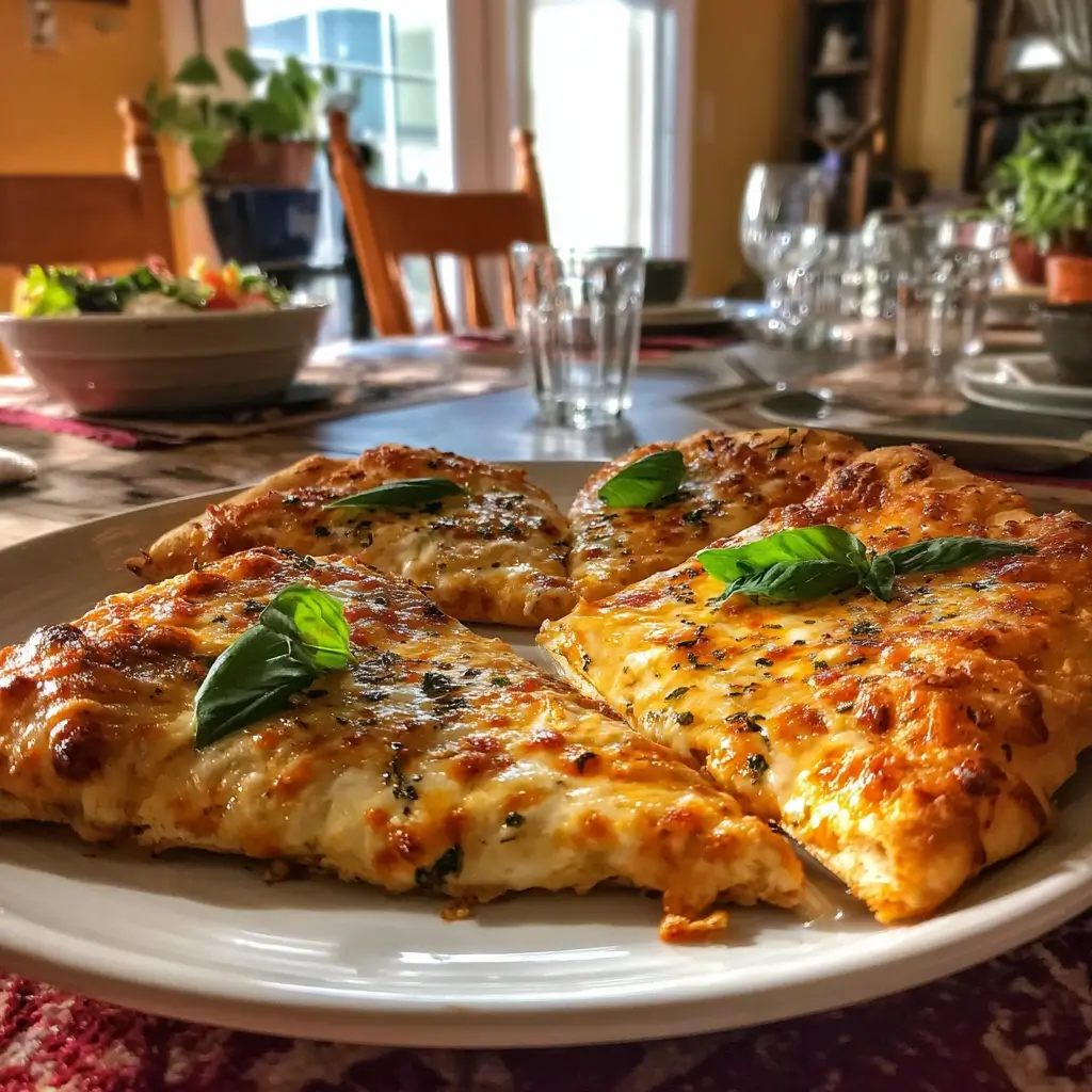 Pan pizza serviert auf weißem Teller mit geschmolzenem Käse, frischem Basilikum und goldbraunem Rand auf gedecktem Esstisch.