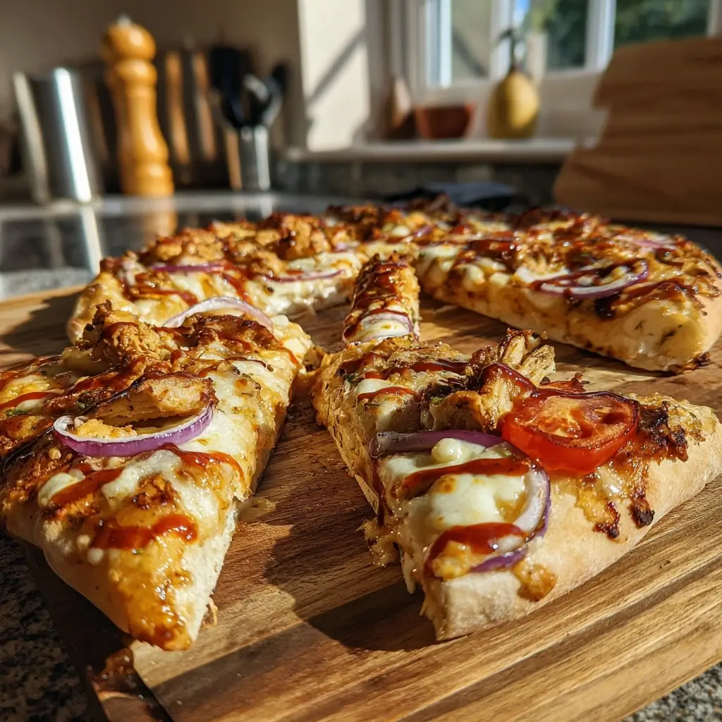 Frisch gebackene döner pizza auf rustikalem Holzbrett mit geschmolzenem Käse