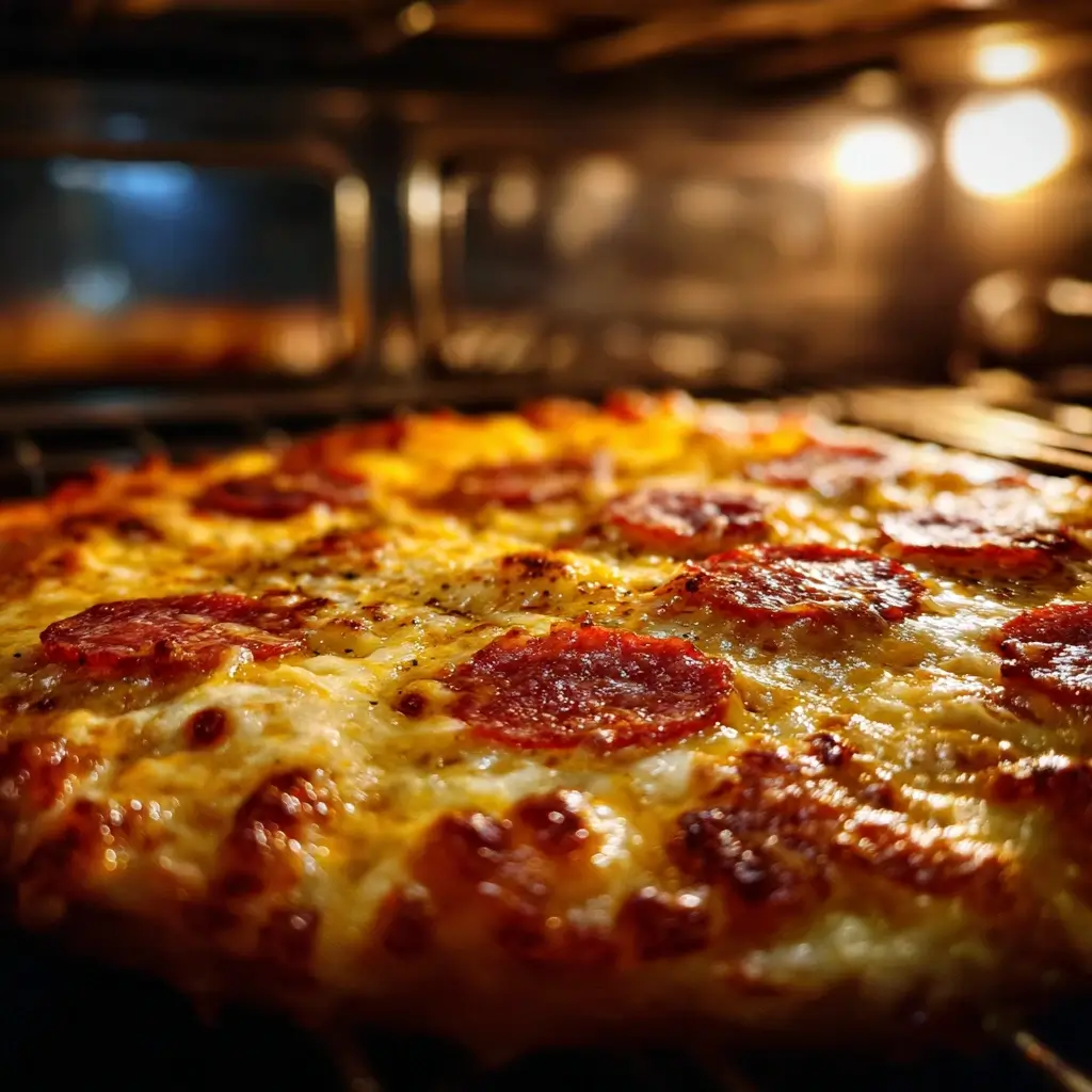 Pizza salami im Ofen beim Backen mit schmelzendem Käse und knusprigem Rand.