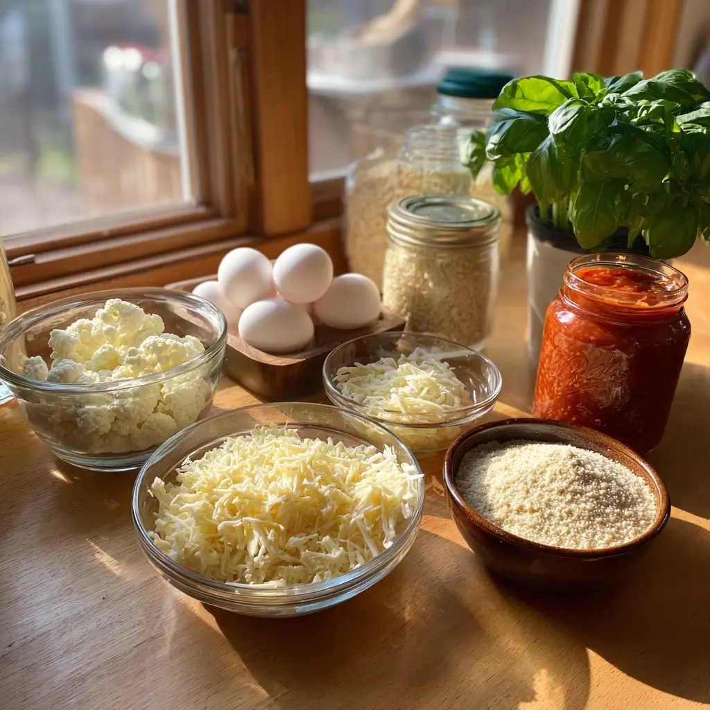 Zutaten für Low Carb Pizza – Blumenkohl, Mandelmehl, Eier, Mozzarella und Tomatensauce auf Holztisch