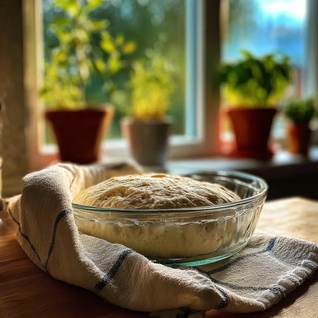 pizza teig rezept teig geht in glas schüssel unter tuch in heller küche