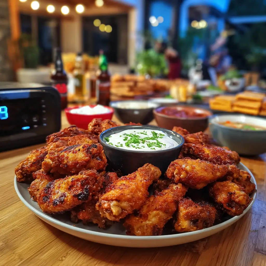 Kleine Airfryer-Hähnchenschenkel mit Dips auf Holztisch – rezepte airfryer