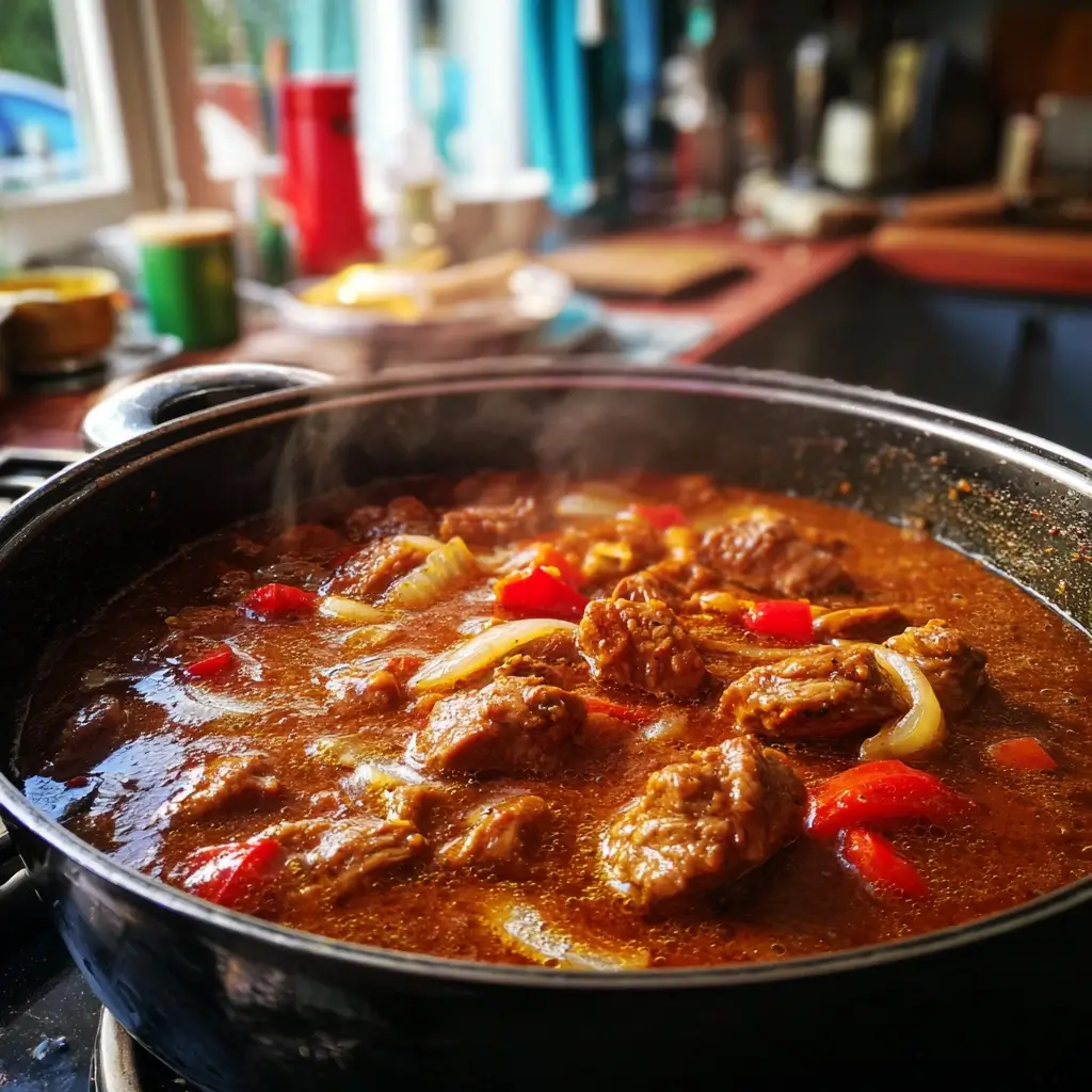 Schweine Gulasch Rezept schmort in aromatischer Paprikasoße im Topf