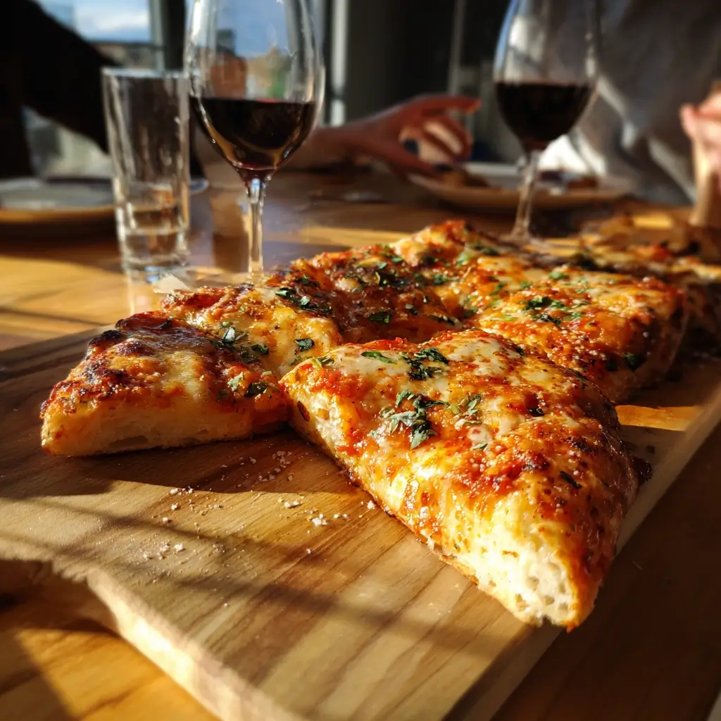 Pizza Milano serviert auf Holzbrett mit geschmolzenem Käse und frischen Kräutern, umgeben von Rotwein und Sonnenlicht