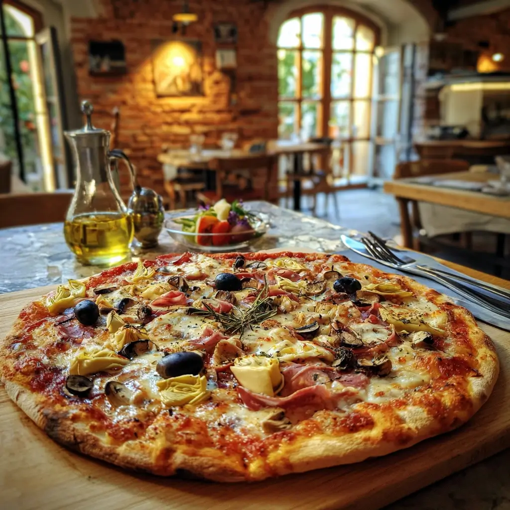 pizza capricciosa rezept knusprige Pizza mit Schinken, Pilzen, Oliven und Mozzarella auf Holztisch