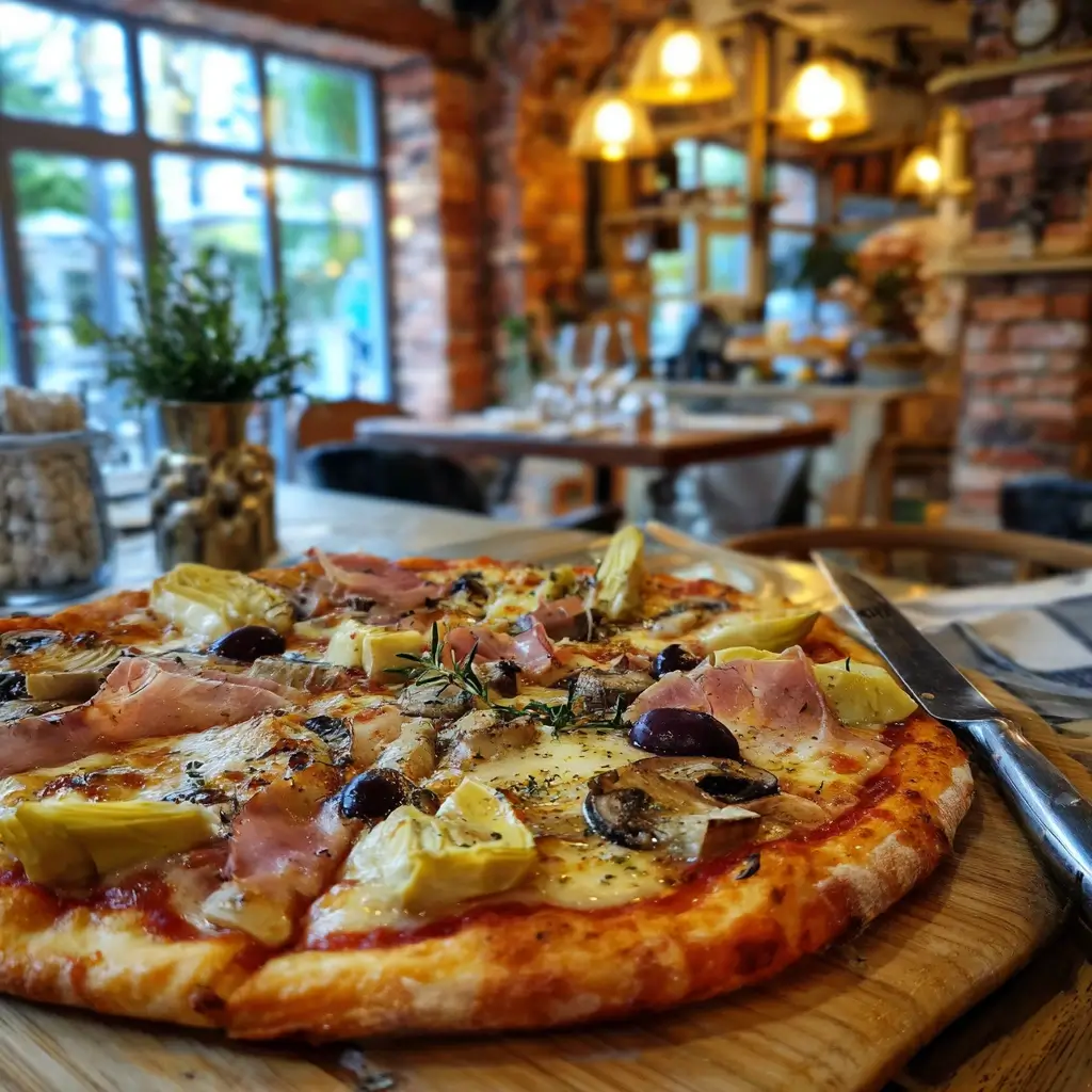 pizza capricciosa rezept frisch gebackene Pizza auf rustikalem Holztisch mit Schinken, Pilzen und Oliven