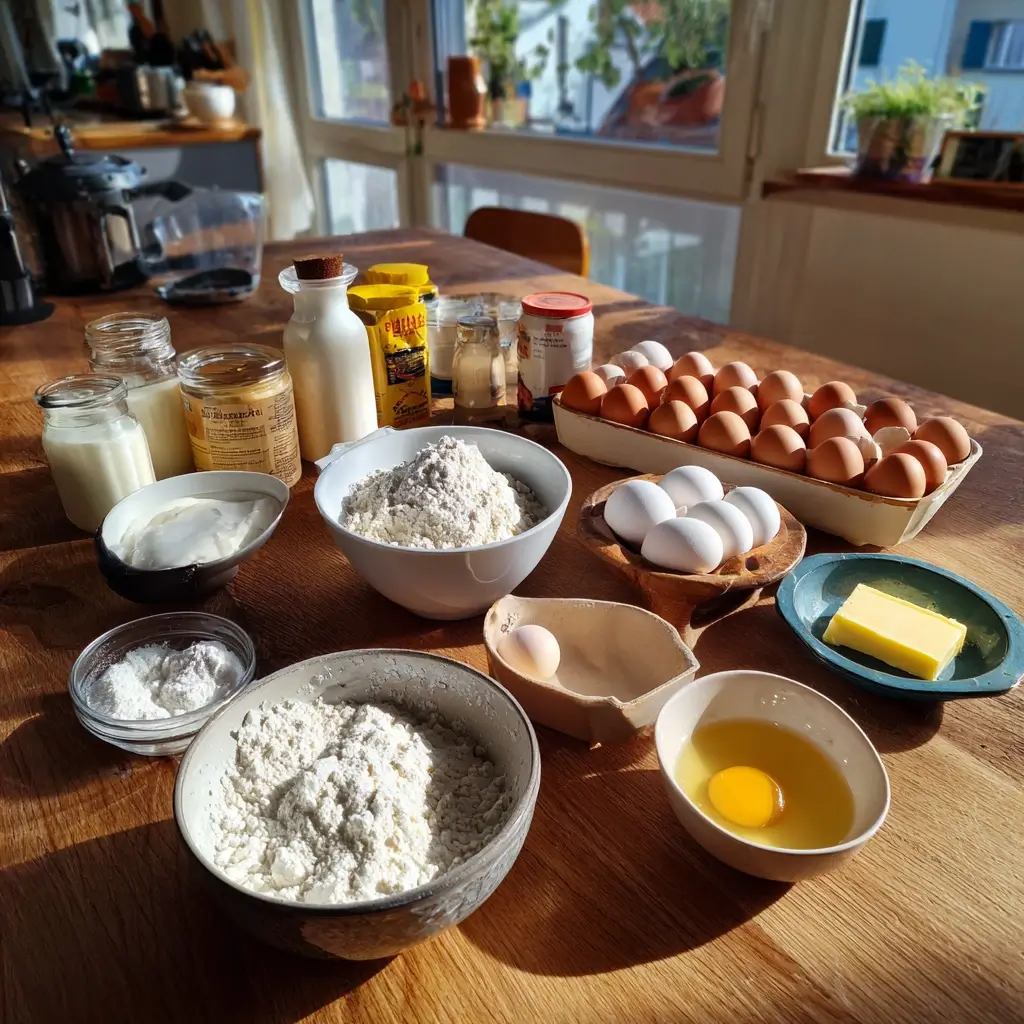 Zutaten für süße Pfannkuchen Rezept auf einem Holztisch arrangiert, perfekt vorbereitet zum Backen.