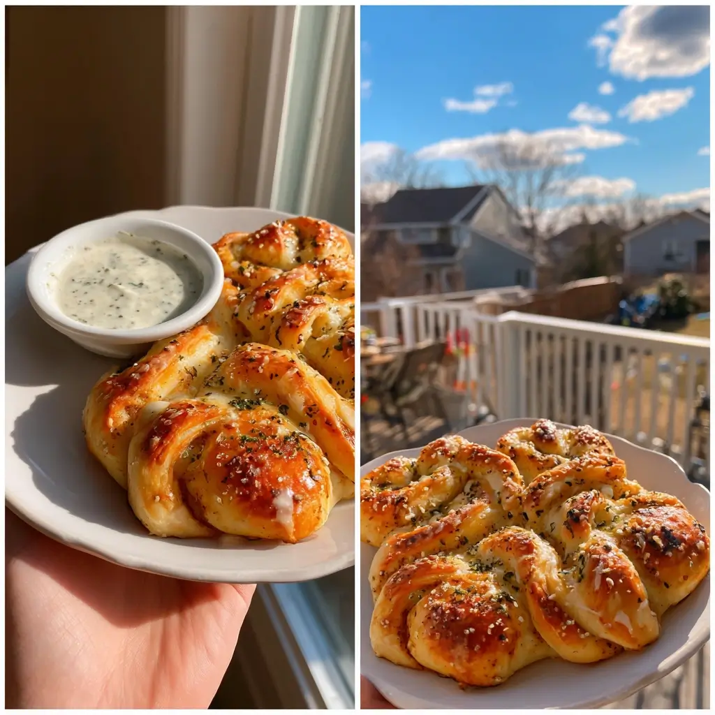 Pizza Schnecken auf weißem Teller mit cremigem Dip serviert