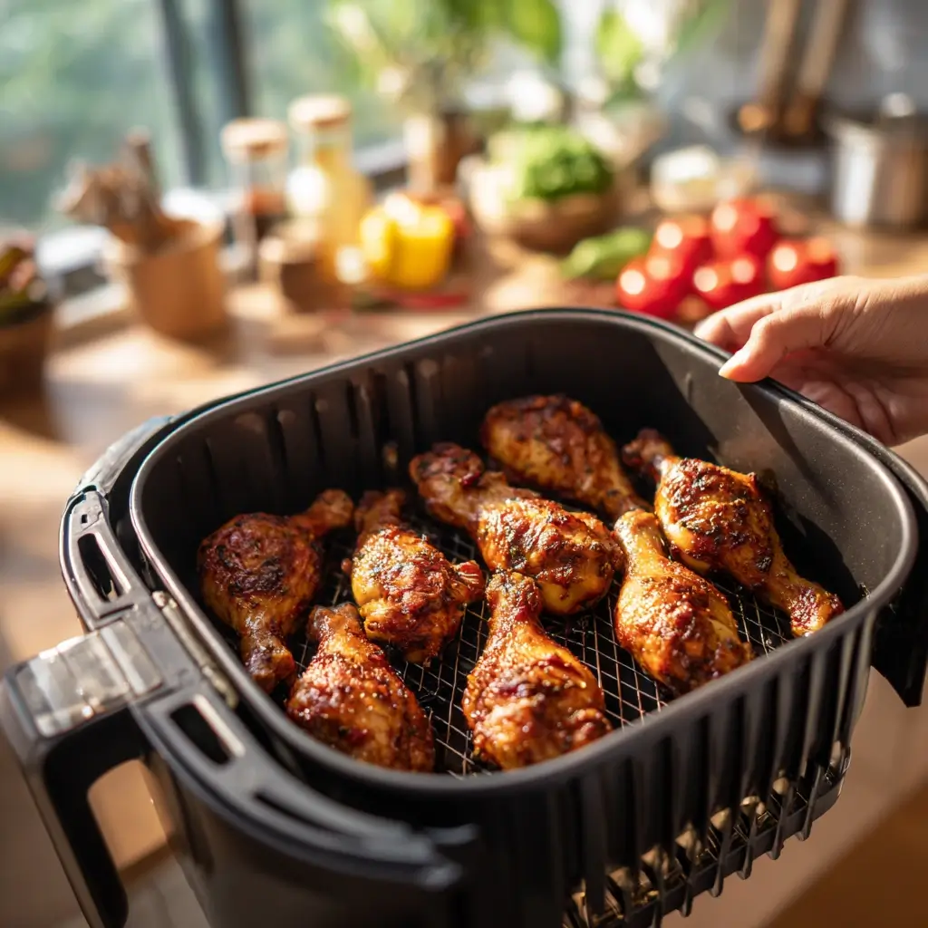 Marinierte Hähnchenschenkel liegen im Ninja Airfryer bereit zum Garen – ideal für Airfryer Rezepte Ninja.