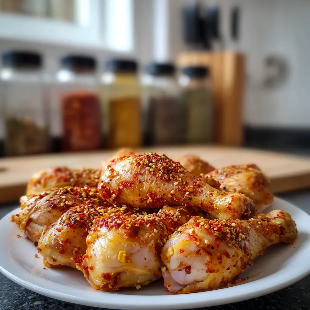 Rezepte Airfryer Ninja: Roh marinierte Hähnchenschenkel auf weißem Teller