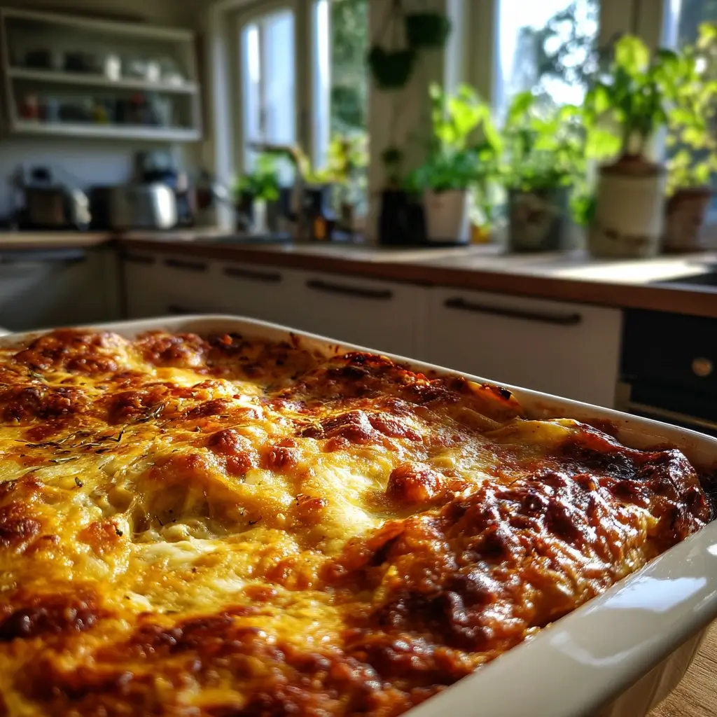 Lasagne vegetarisch rezept frisch gebacken mit goldener Käsekruste im weißen Auflaufform