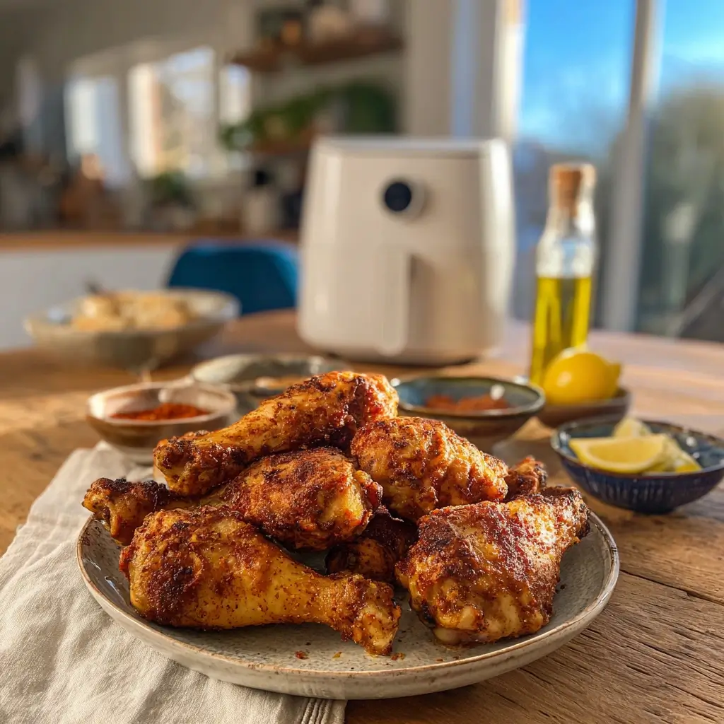 Knusprige Hähnchenschenkel auf einem Teller vor einem Ninja Airfryer – perfekt für Airfryer Rezepte Ninja.