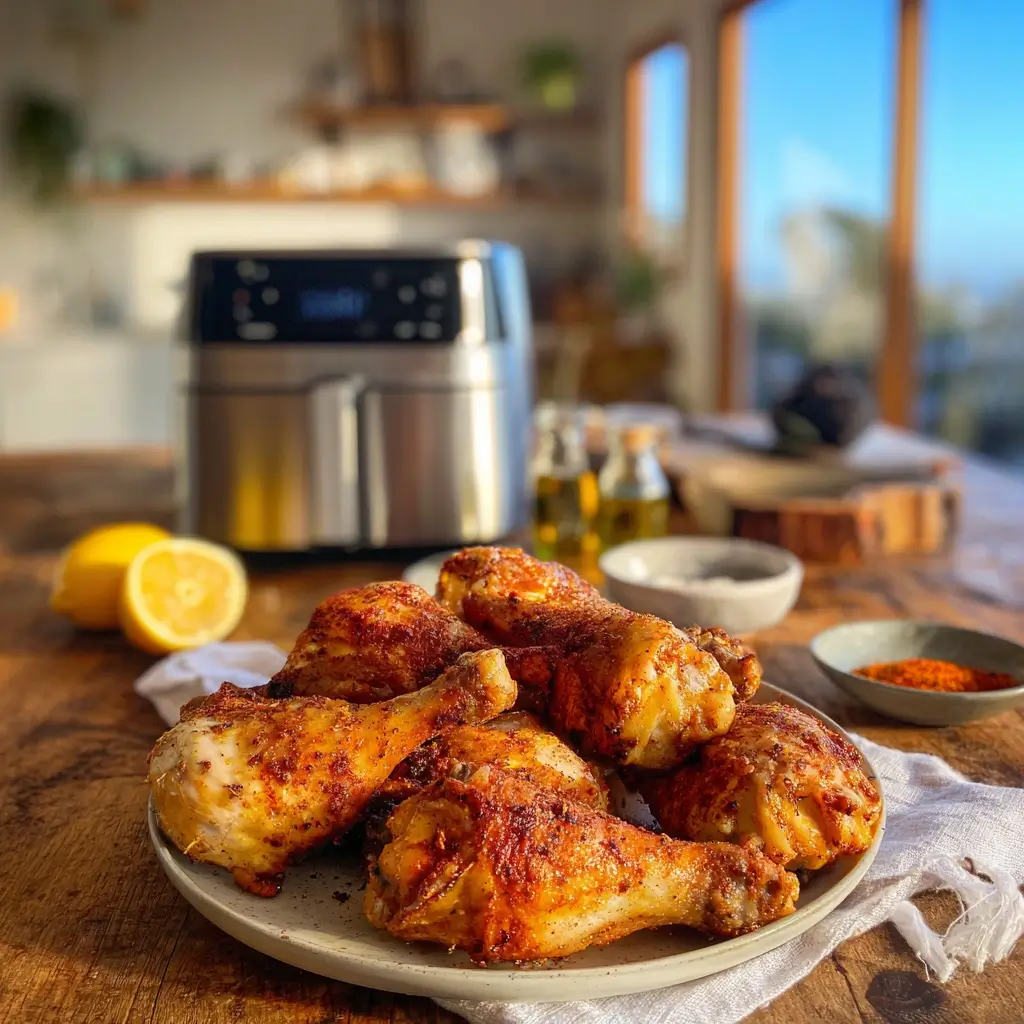 Knusprige Hähnchenschenkel aus dem Ninja Airfryer auf einem Holztisch – perfekt für Airfryer Rezepte Ninja.