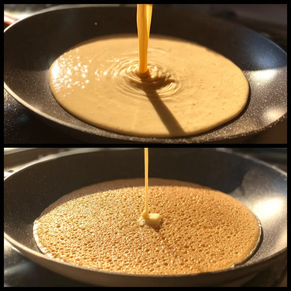 Goldbrauner Teig eines sehr gutes pfannkuchen rezept brät in einer antihaft Pfanne auf dem Herd.