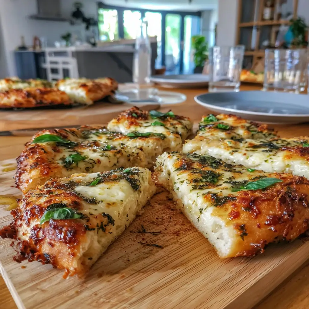 Frisch gebackene sauerteig pizza in Stücke geschnitten, serviert auf einem Holzbrett mit Basilikum und Olivenöl.