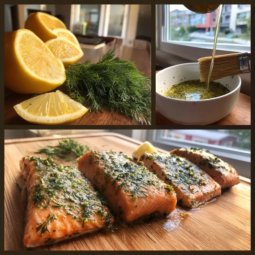 rezepte für airfryer frischer lachs mit zitronen und dill auf holzbrett, mariniert und bereit für die zubereitung in der küche