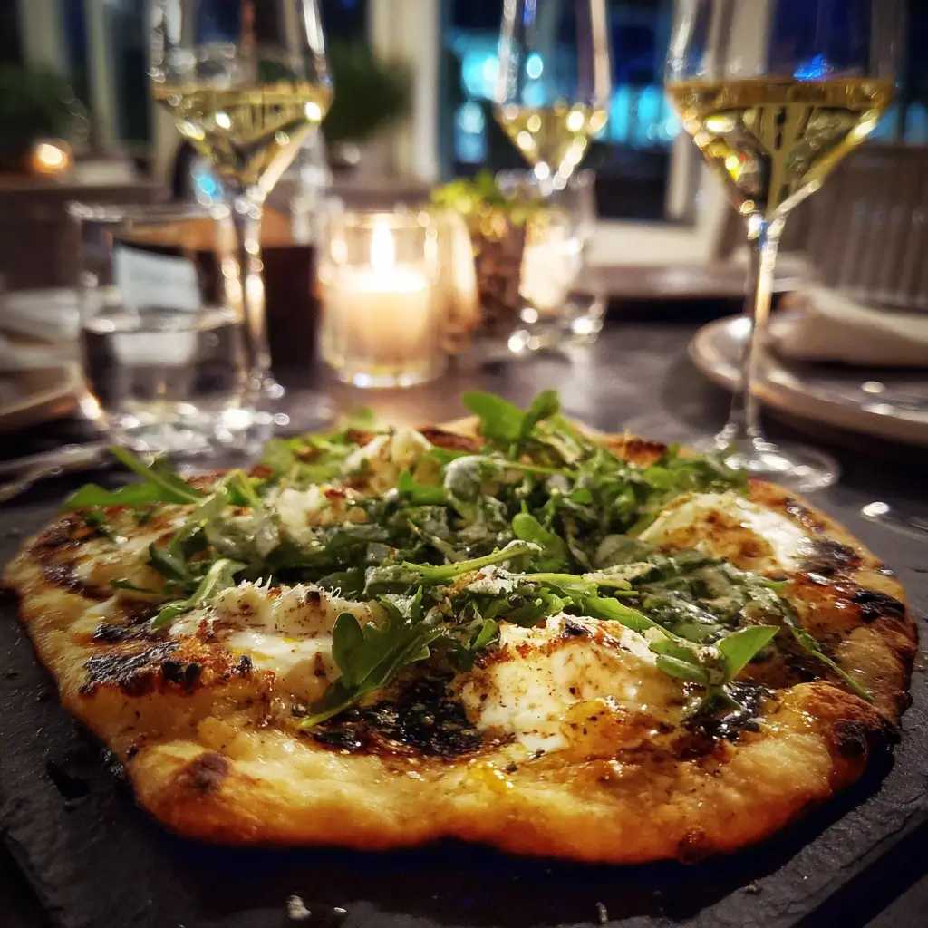 Gourmet pizza belag mit Rucola, Burrata und Trüffelöl auf knusprigem Teig, serviert bei Kerzenlicht