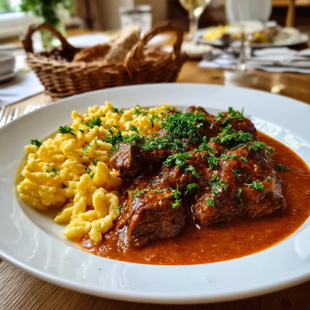 Gulasch Rezepte – Gulasch serviert mit Spätzle und Petersilie