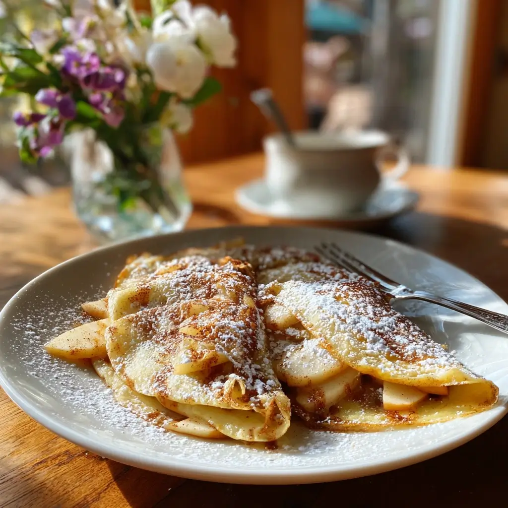 Pfannkuchen Rezept Oma – Süße Variante mit Apfelscheiben, Zimt und Puderzucker serviert.