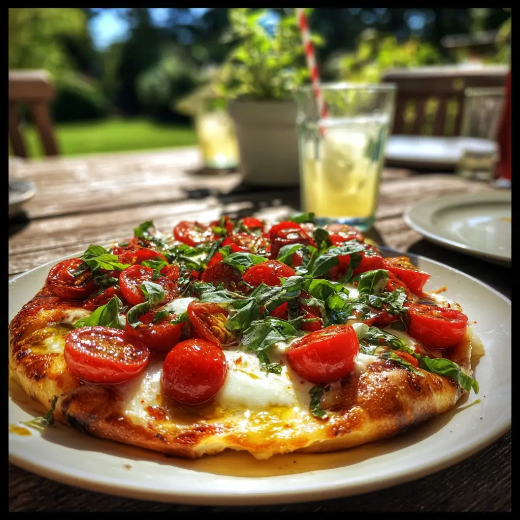 Sommerlicher pizza belag mit Kirschtomaten, frischem Basilikum und geschmolzenem Mozzarella auf goldbraunem Teig