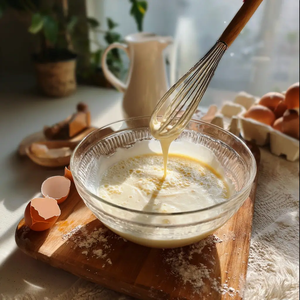Frau rührt den Teig für ein sehr gutes pfannkuchen rezept in einer Glasschüssel mit einem Schneebesen.