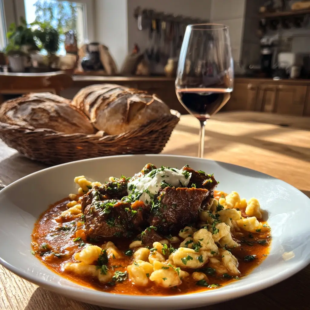 Rezept Gulasch serviert mit Spätzle auf einem weißen Teller, garniert mit Petersilie und Sauerrahm