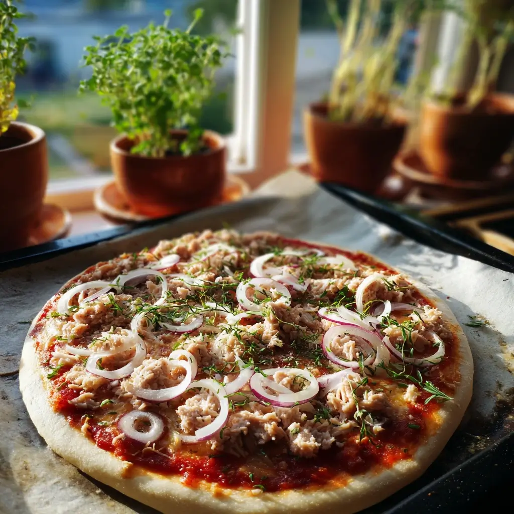 Halb belegte Thunfisch Pizza mit Tomatensauce, Thunfisch, Zwiebelringen und Mozzarella auf einem Backblech.