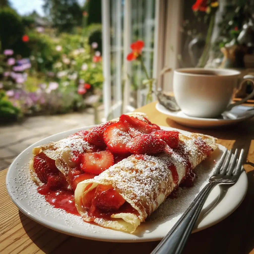Fluffige vegane Pfannkuchen mit Erdbeerfüllung und Puderzucker – pfannkuchen vegan rezept auf weißem Teller am Fenster serviert.