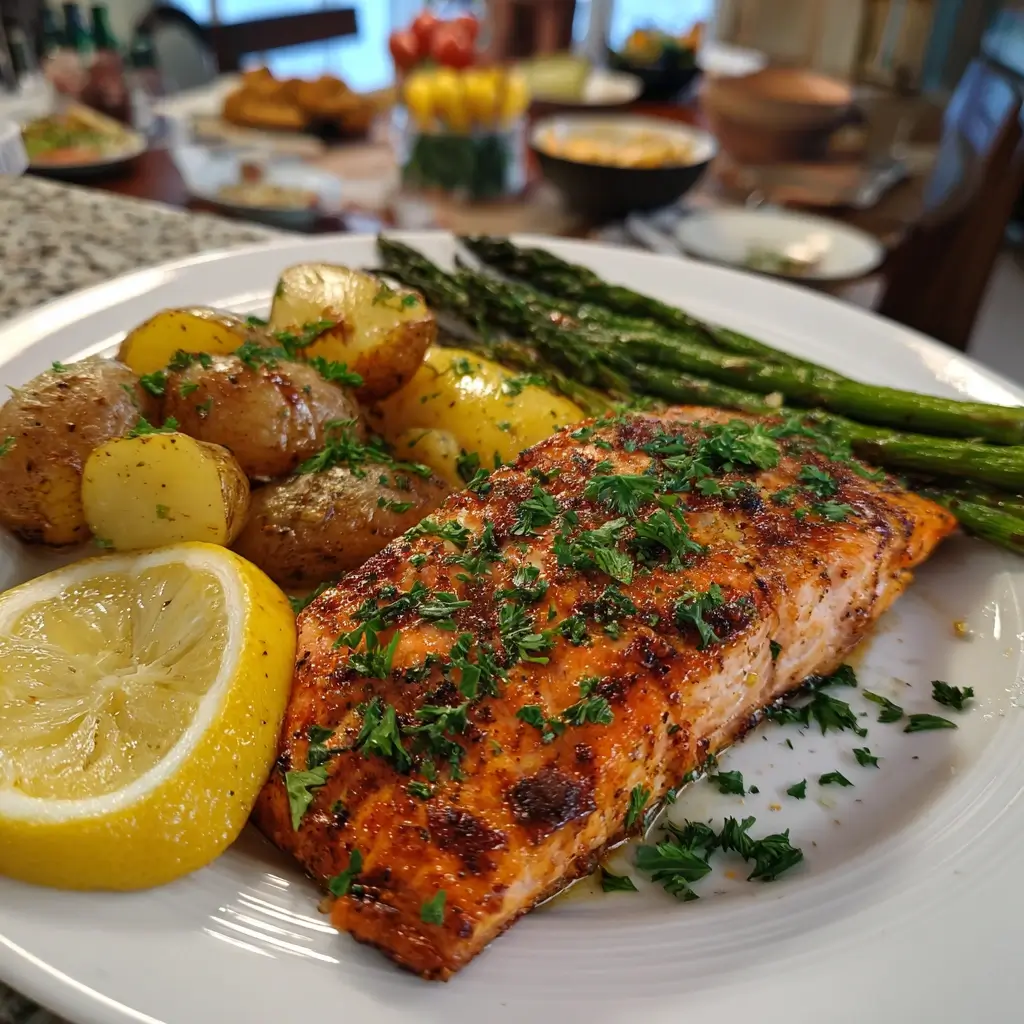 rezepte für airfryer gegrilltes lachsfilet mit kartoffeln und grünem spargel auf weißem teller, serviert mit zitronenscheiben