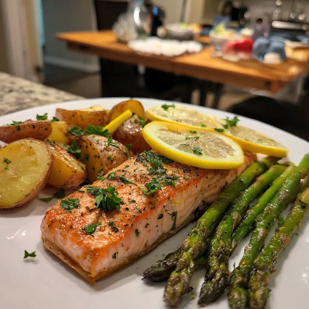 Rezepte für Airfryer Lachsfilet serviert mit Kartoffeln und grünem Spargel auf weißem Teller.