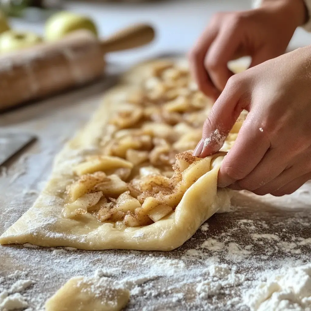Apfelstrudel wird mit Füllung belegt und eingerollt – Apfelstrudel Rezepte