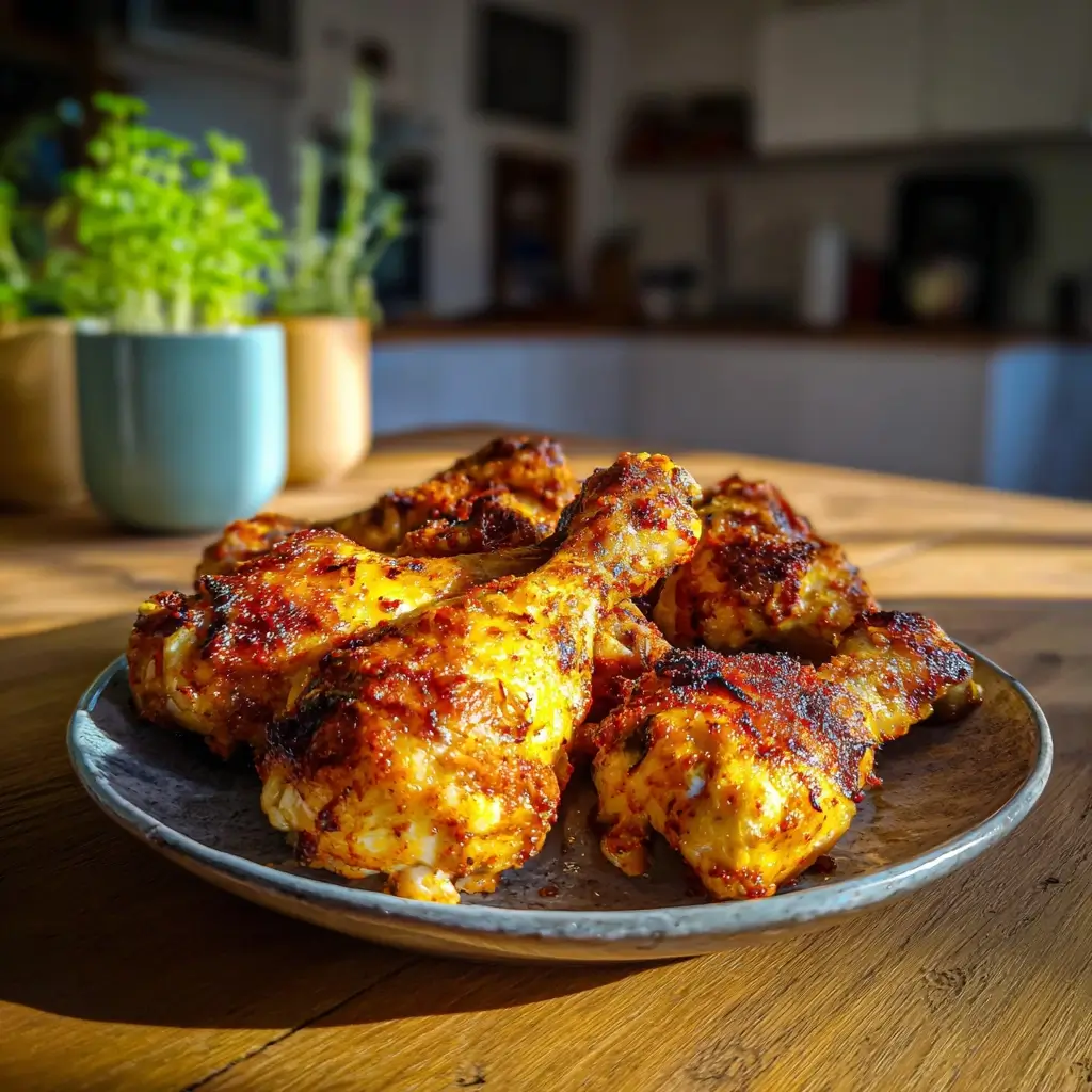 Knusprige Hähnchenschenkel auf grauem Teller, perfekt gegart im Airfryer – rezepte airfryer