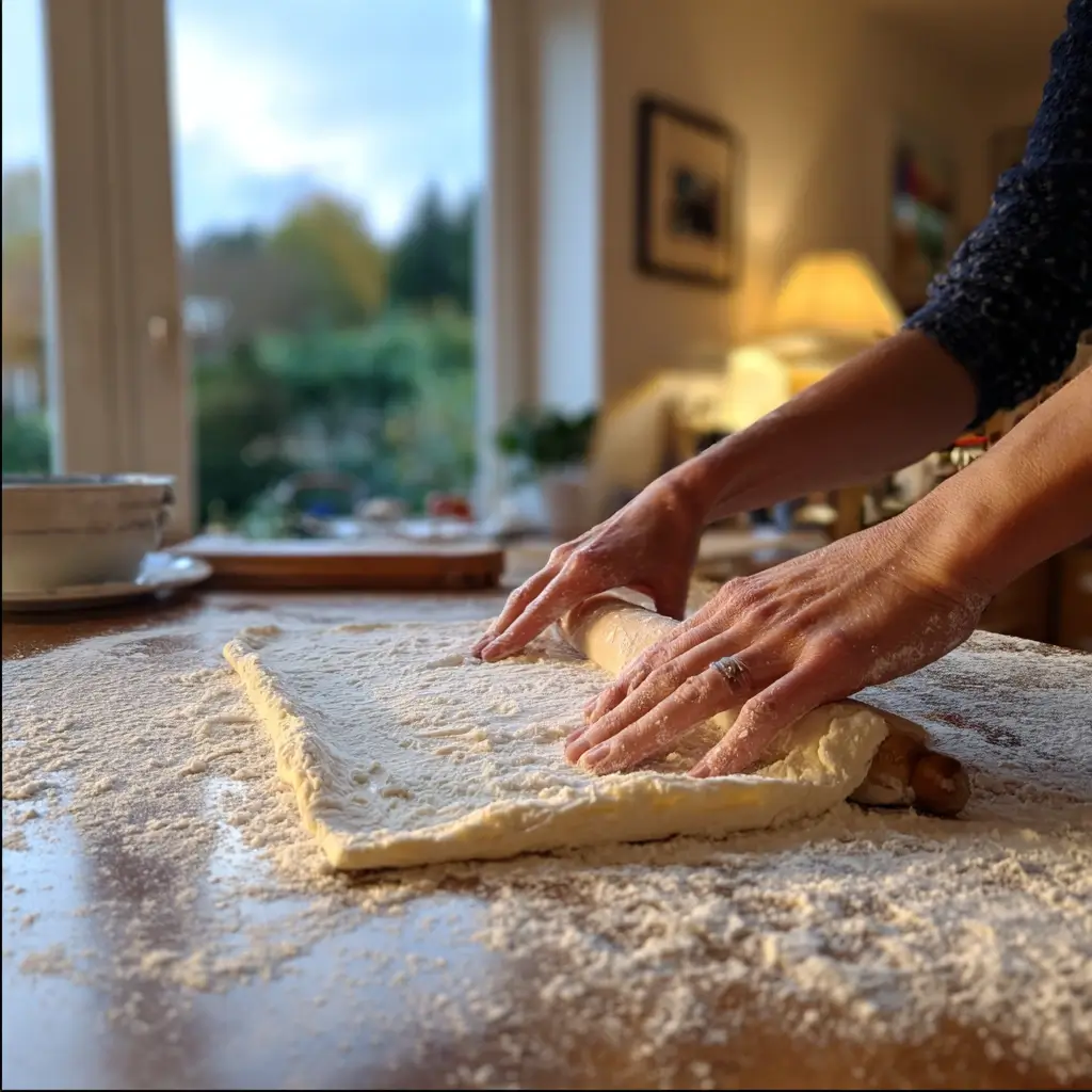 Pizzateig für Pizza Schnecken wird auf bemehlter Fläche ausgerollt