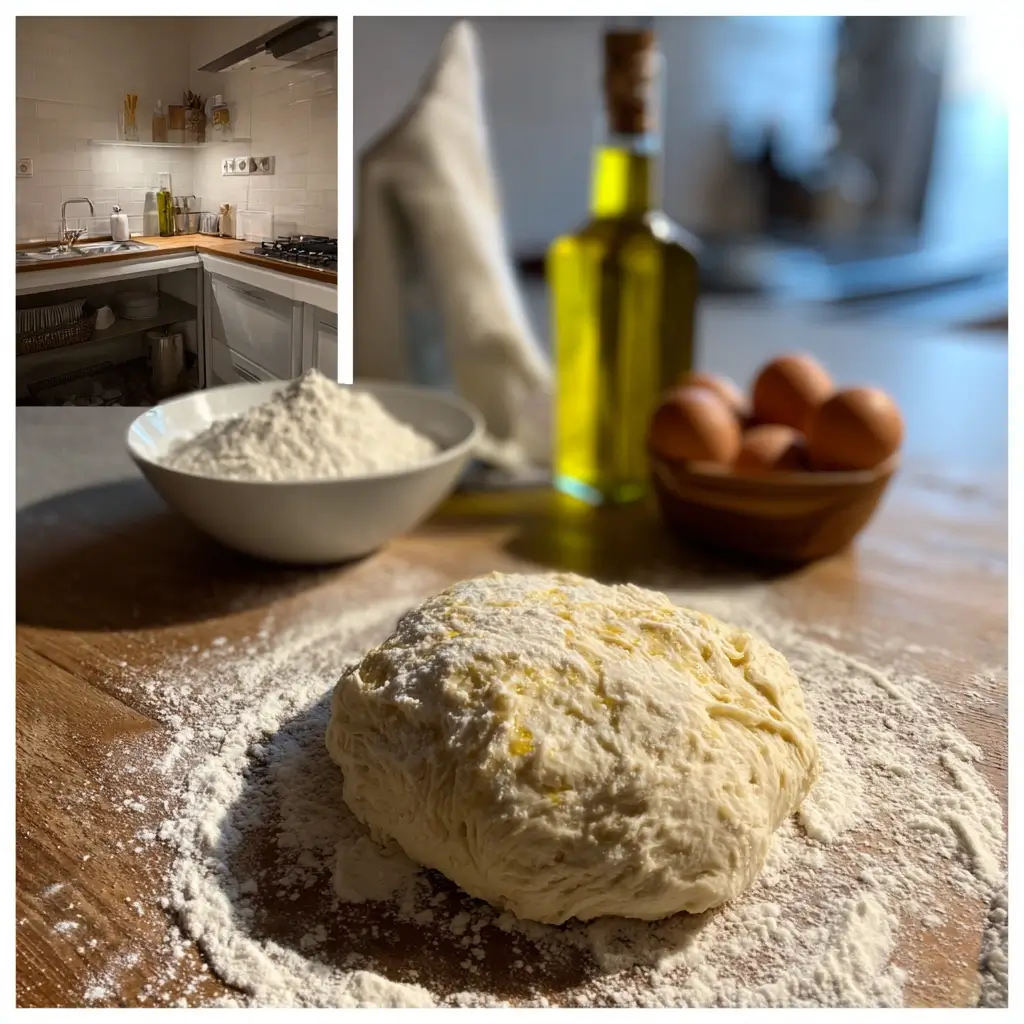 Hände kneten frischen Pizzateig auf bemehlter Arbeitsfläche, pizza rezept für luftigen Boden.