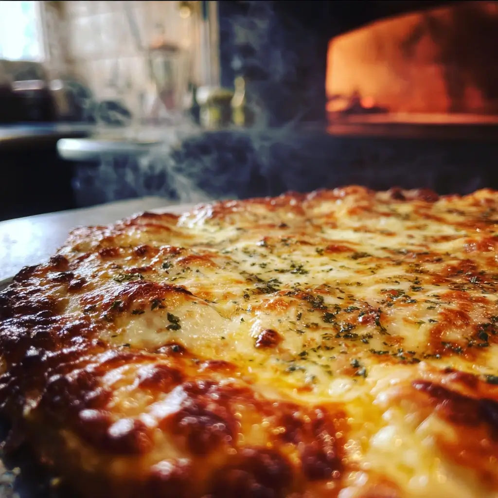 pizza parma frisch aus dem Holzofen mit geschmolzenem Käse und goldbrauner Kruste