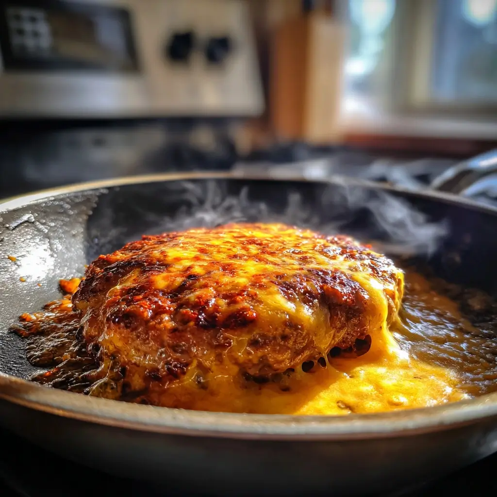 Bratendes Patty mit geschmolzenem Käse in der Pfanne – burger rezept für saftige Ergebnisse.