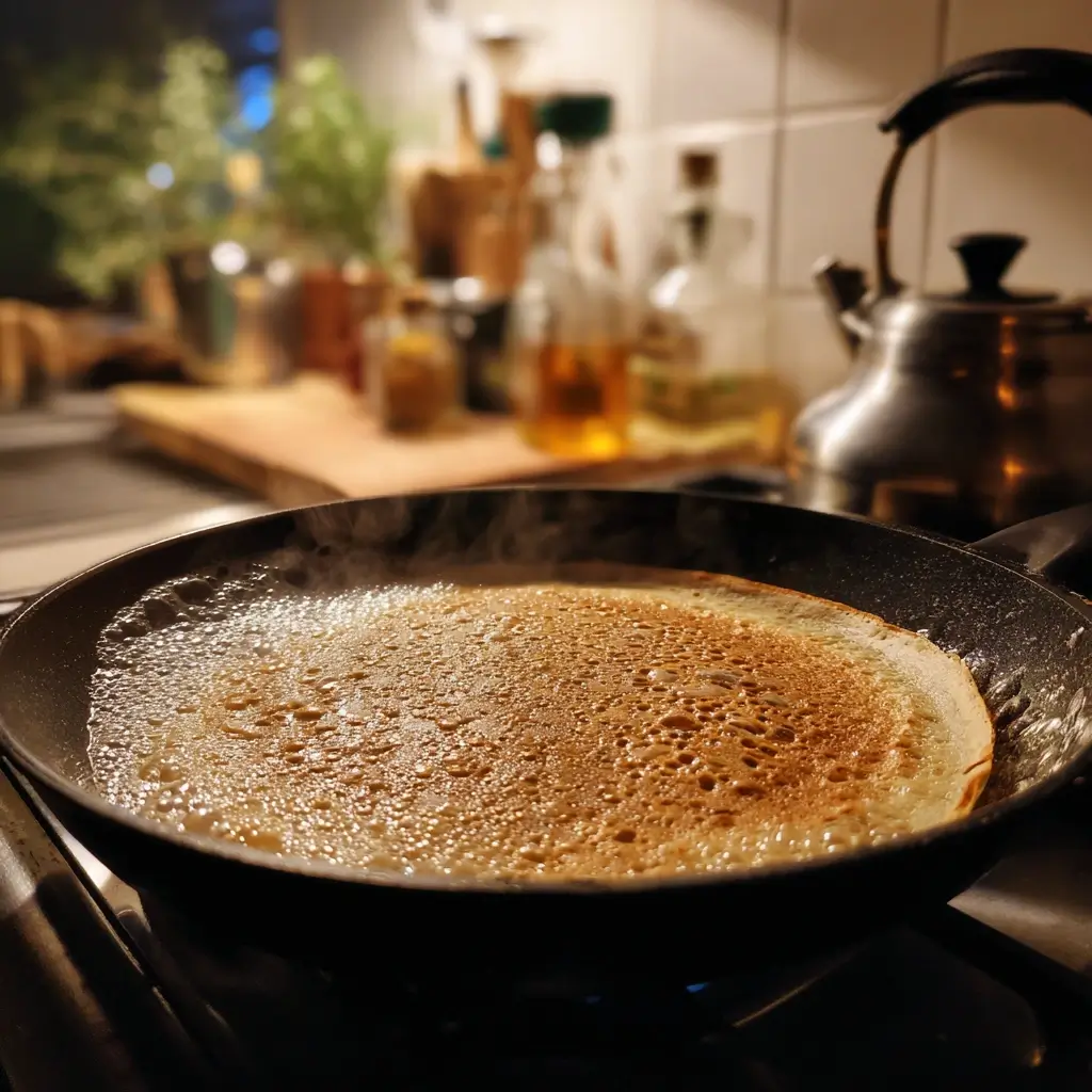 Goldener Pfannkuchen in Pfanne – pfannkuchen vegan rezept beim Ausbacken auf Herd in moderner Küche.