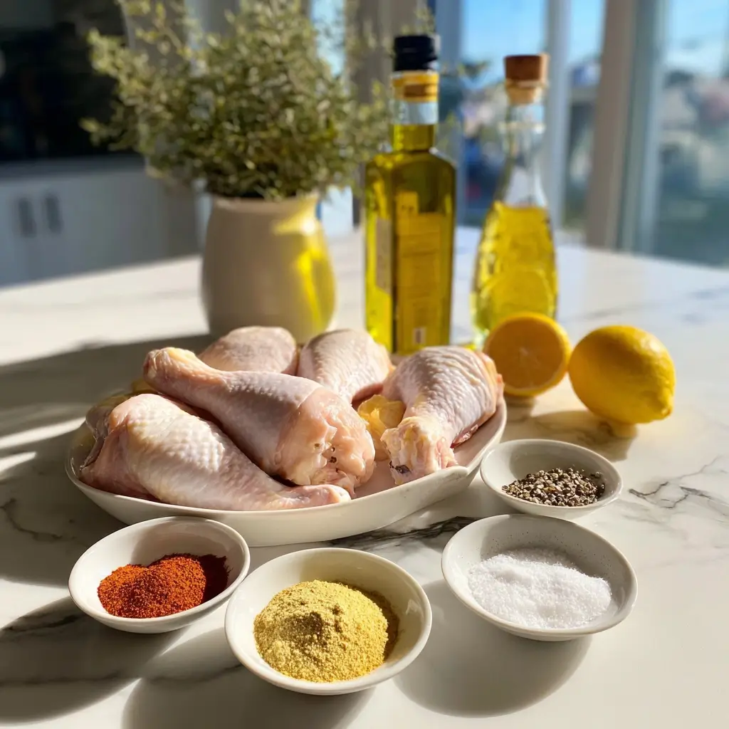 Frische Zutaten für knusprige Hähnchenschenkel – die Basis für Airfryer Rezepte Ninja.