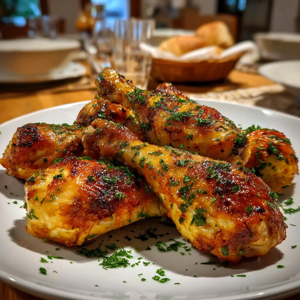 Knusprige Hähnchenschenkel aus dem Airfryer auf rustikalem Holztisch – rezepte airfryer