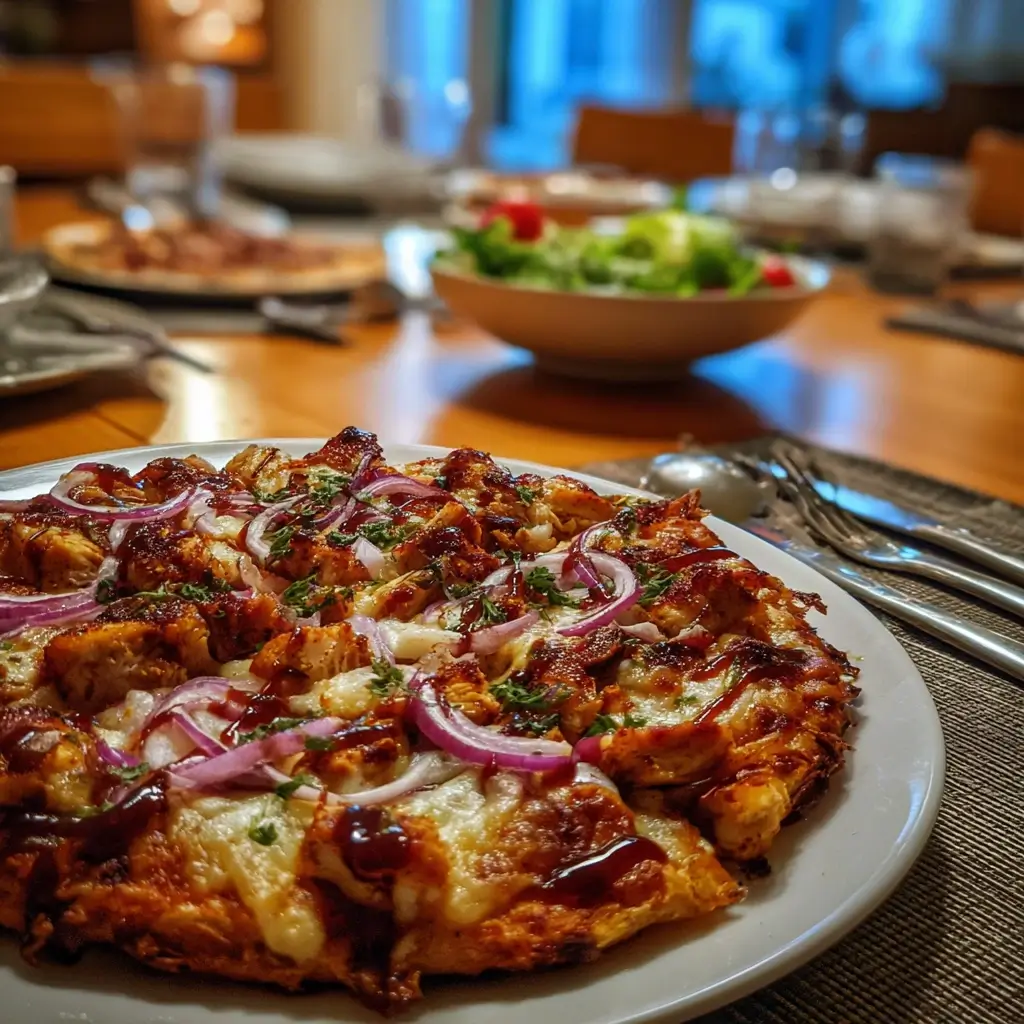 Herzhafter pizza belag mit BBQ-Hähnchen, roten Zwiebeln und geschmolzenem Mozzarella