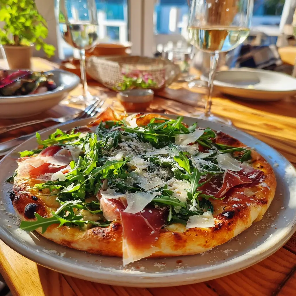 pizza parma mit Rucola, Parmaschinken und Parmesan auf sonnigem Esstisch serviert