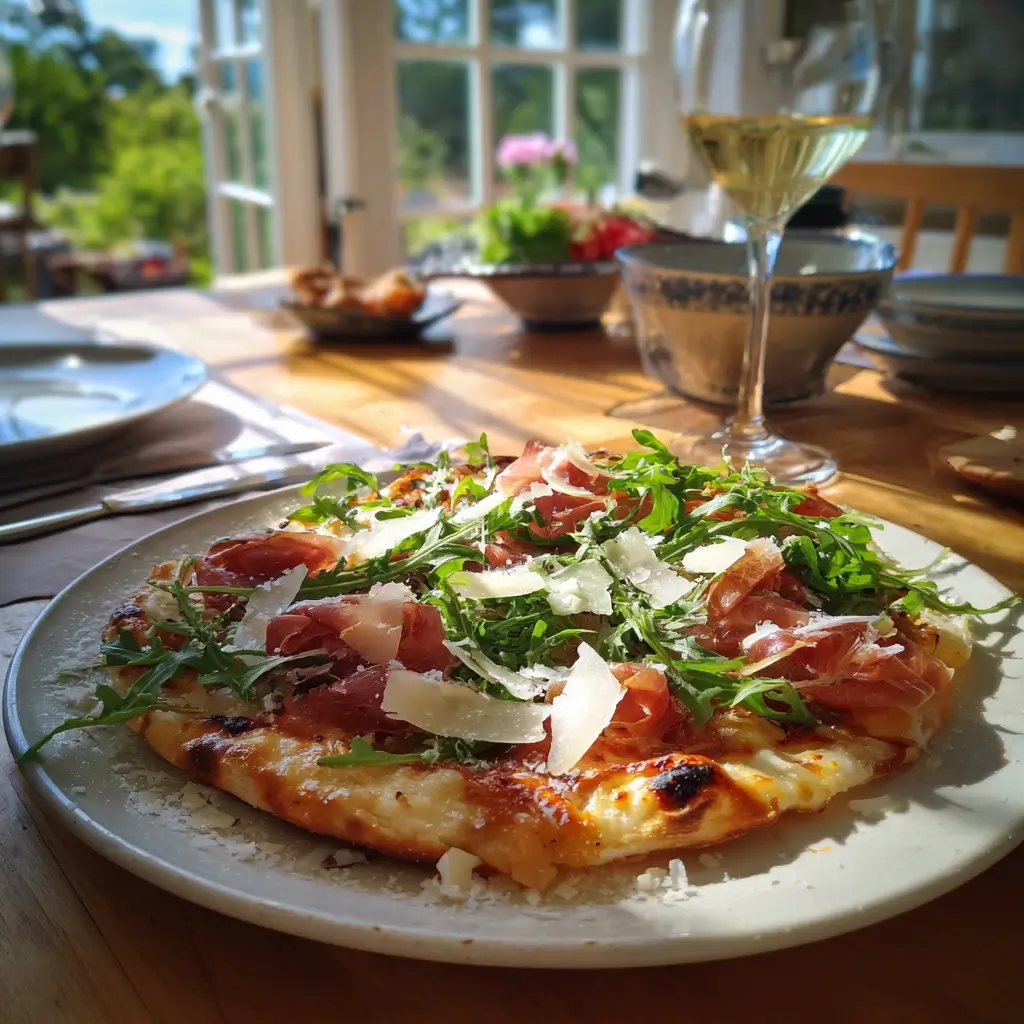 pizza parma frisch gebacken auf rustikalem Holztisch mit Rucola und Parmaschinken