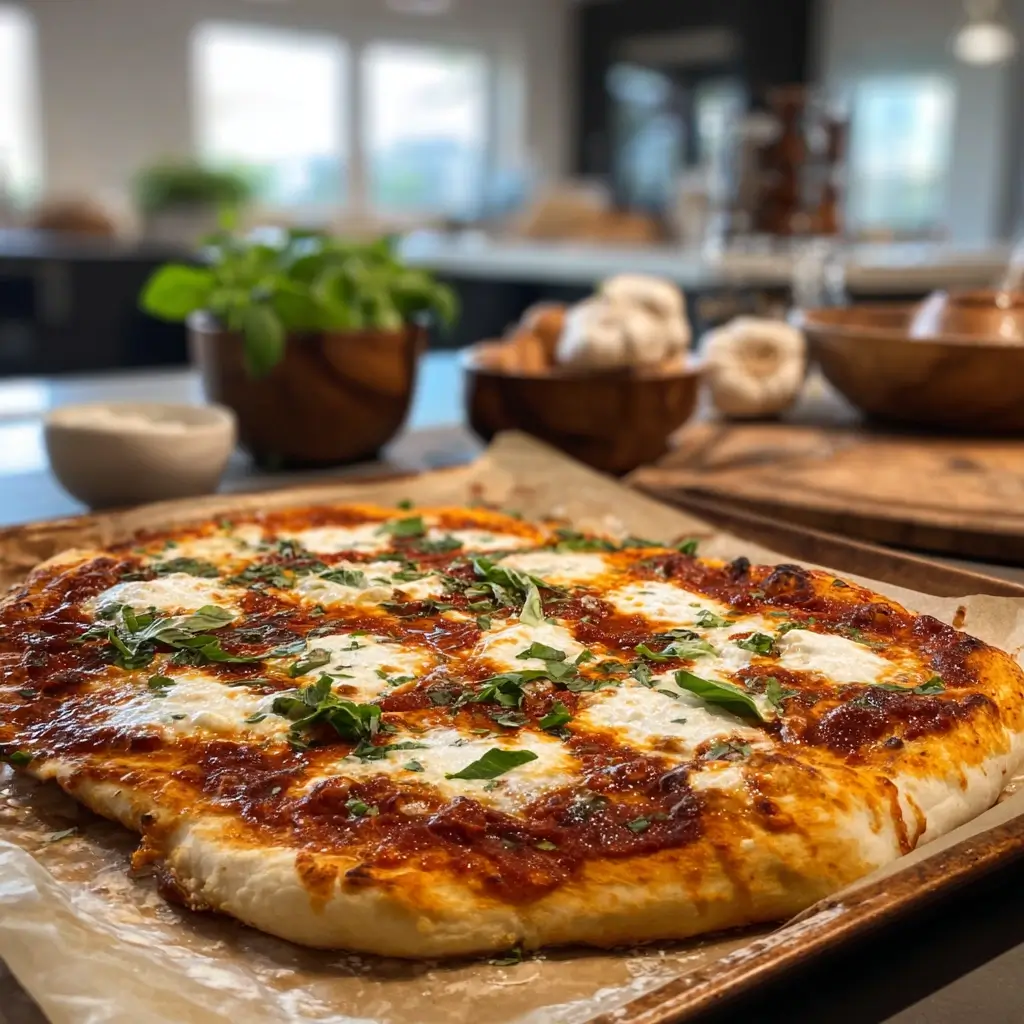 Frisch gebackene Pizza mit goldbraunem pizza teig, geschmolzenem Käse und Basilikum, serviert auf einem Holzbrett.